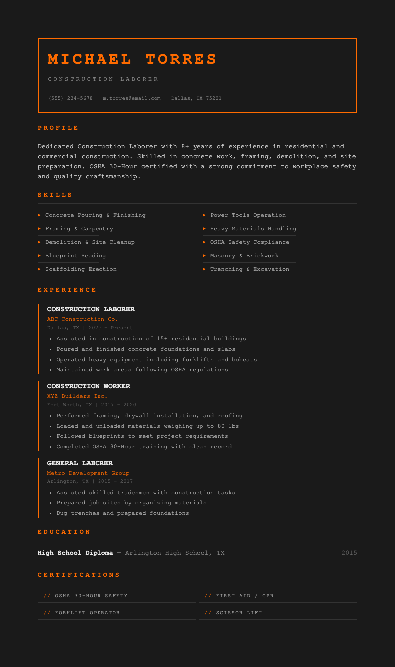 Industrial raw construction laborer resume